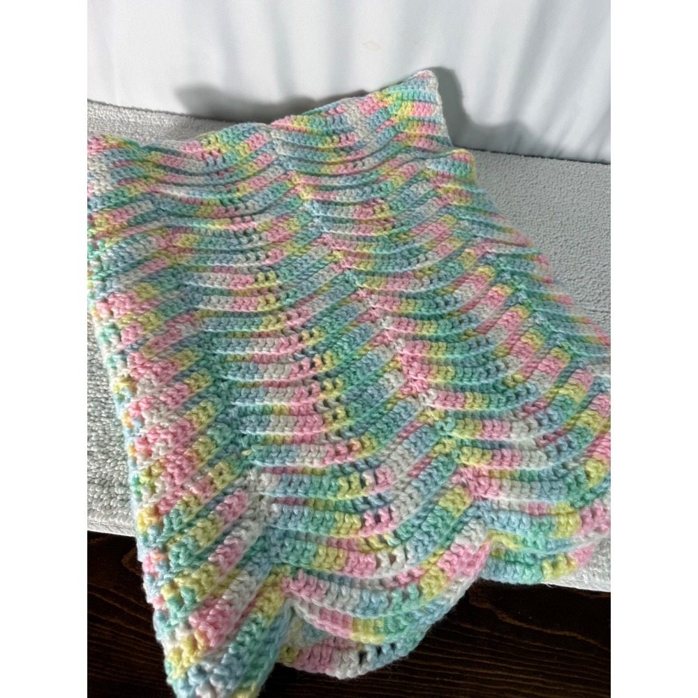 Handmade Crochet Baby Blanket Pastel Pink Blue Yellow Chevron Ripple 35x45